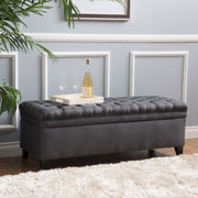 Noble House Juliana storage ottoman with birch wood legs, upholstered in neutral fabric, designed for living room or bedroom storage.