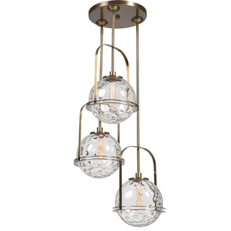 Uttermost Mimas 3-Light Gold Cluster Pendant Light fixture hanging with three pendant lamps in a modern gold finish.