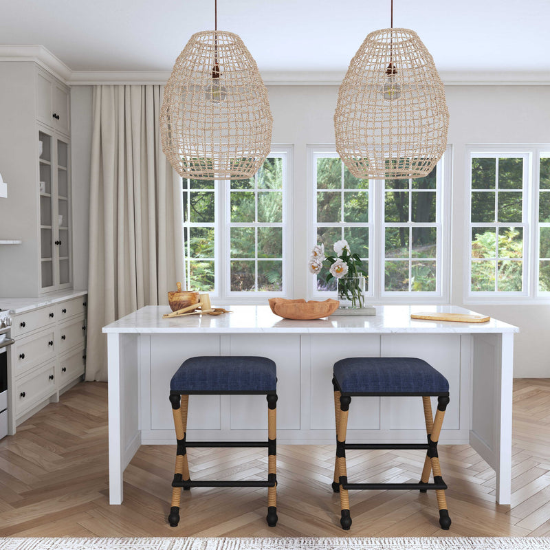 Beige Cross-Weave 1 Light Pendant by Uttermost, modern pendant lighting with a textured cross pattern, hanging from a ceiling.