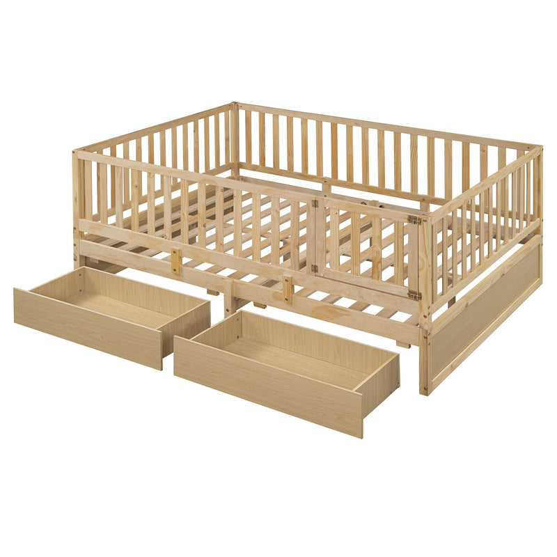 DreamHaus storage daybed with fence guardrails, two drawers, and convertible design for independent floor bed and daybed use.