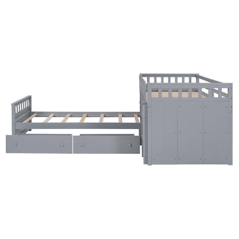 DreamHaus loft platform bed with 7 drawers, full guardrails, and modern L-shaped design, space-saving for bedrooms.