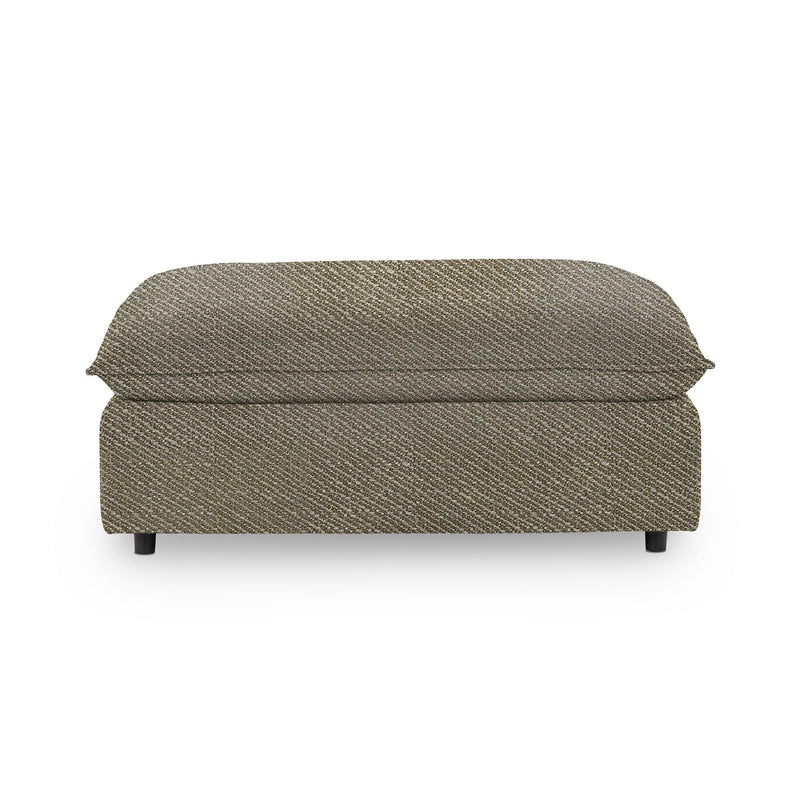Classic Home Caplan upholstered ottoman with a plush fabric top and wooden legs, versatile for living room or bedroom decor.