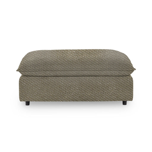 Classic Home Caplan upholstered ottoman with a plush fabric top and wooden legs, versatile for living room or bedroom decor.