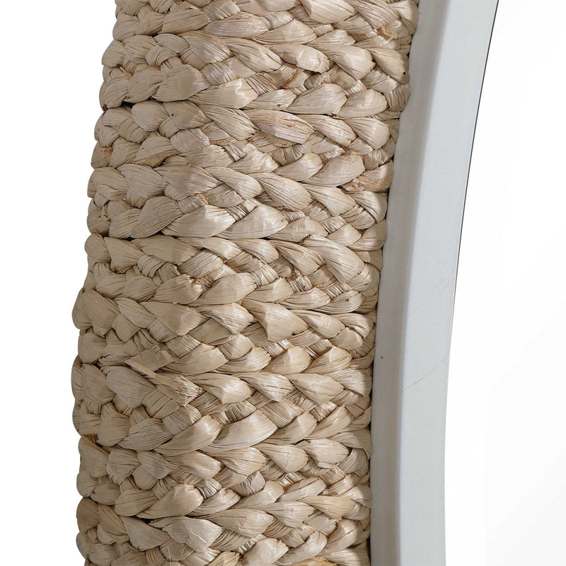 Light brown round rope wall mirror by Uttermost, featuring a rustic design and natural rope framing for stylish home decor.