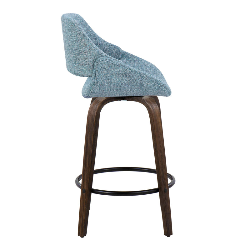 Lumi Source Fabrico mid-century modern fixed height counter stools with round footrests, set of 2, featuring sleek wooden seats and metal bases.