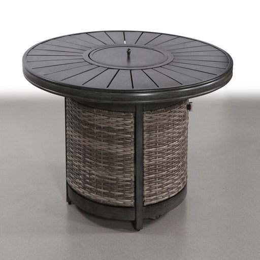 Gray propane outdoor fire pit table by LSI Patio Furniture with a modern rectangular design and built-in fire feature.