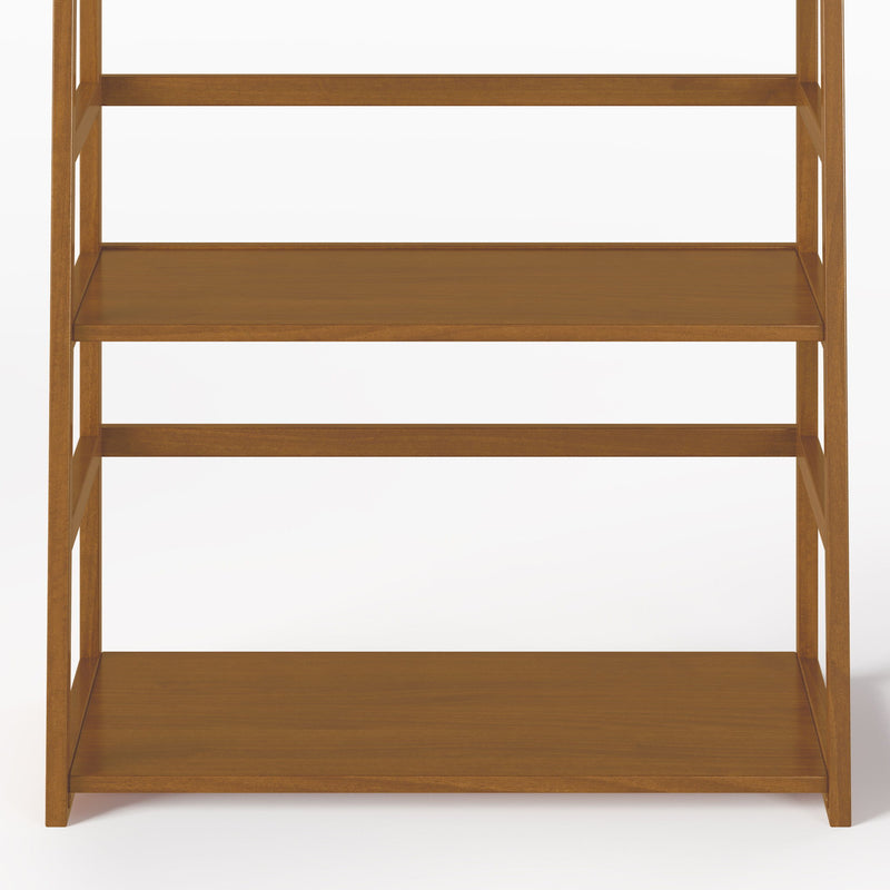 Simpli-Home Acadian handcrafted ladder shelf bookcase with multiple shelves for storage and display, made of wood with a rustic finish.