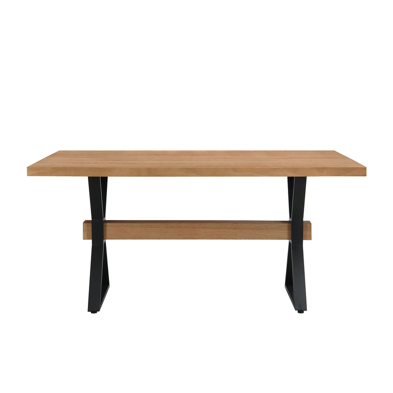 Farmhouse style dining table with X-shaped legs and metal accents by Noble House, featuring a natural wood finish.