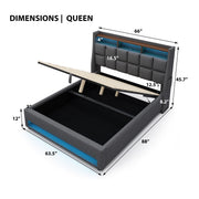 Artistry At Home upholstered platform bed with hydraulic storage, LED lights, and USB charging ports, shown without mattress.