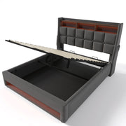 Artistry At Home upholstered platform bed with built-in hydraulic storage, LED lighting, and USB charging ports, without mattress.