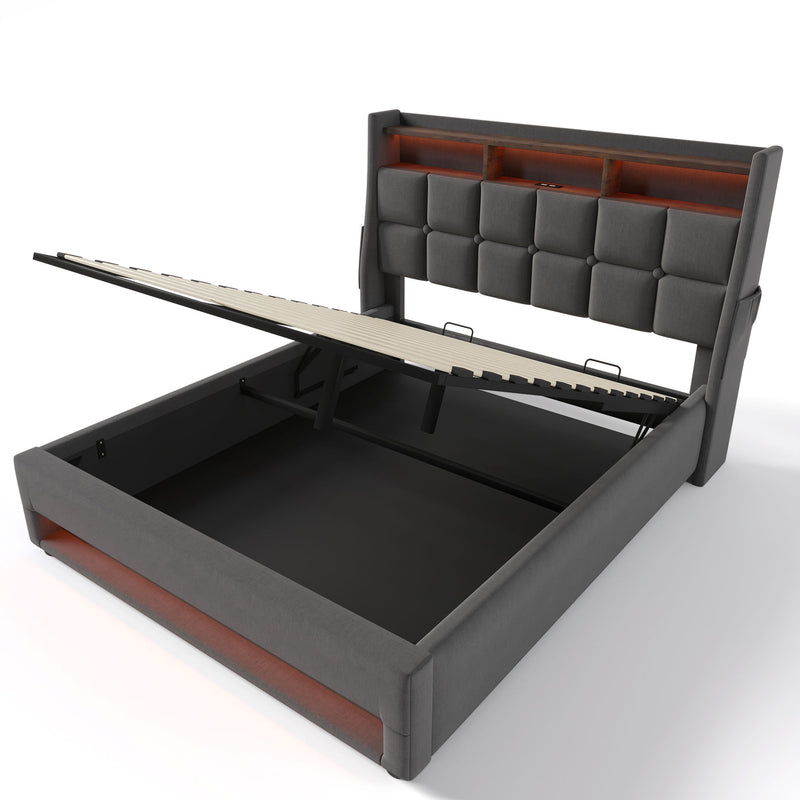 Artistry At Home upholstered platform bed with built-in hydraulic storage, LED lighting, and USB charging ports, without mattress.