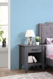 Glory Furniture roller drawer glides on an accent nightstand, showing smooth metal tracks for easy drawer opening and closing.