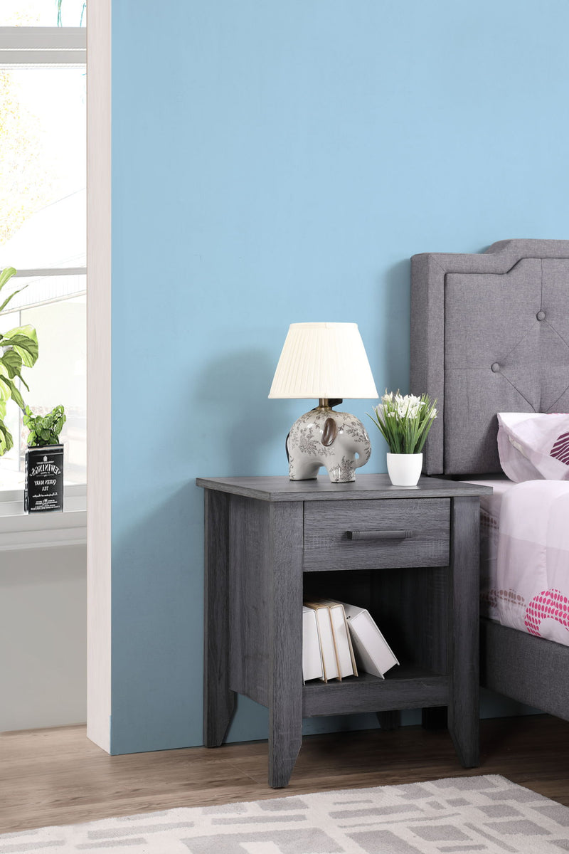 Glory Furniture roller drawer glides on an accent nightstand, showing smooth metal tracks for easy drawer opening and closing.