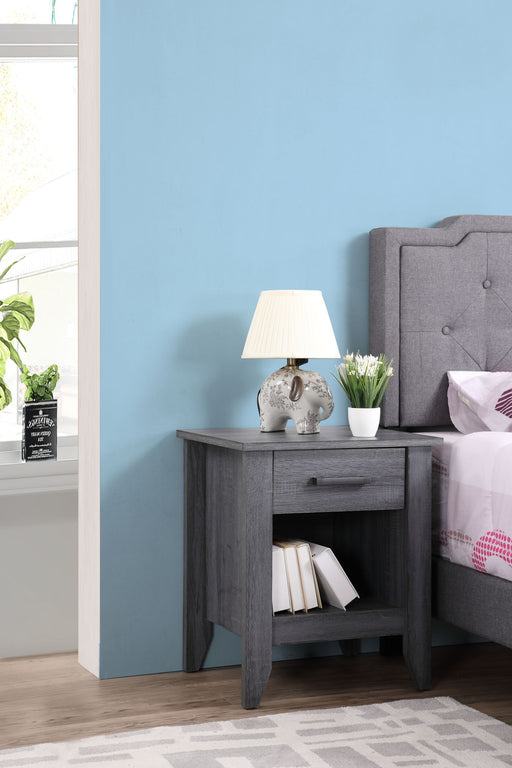 Glory Furniture roller drawer glides on an accent nightstand, showing smooth metal tracks for easy drawer opening and closing.