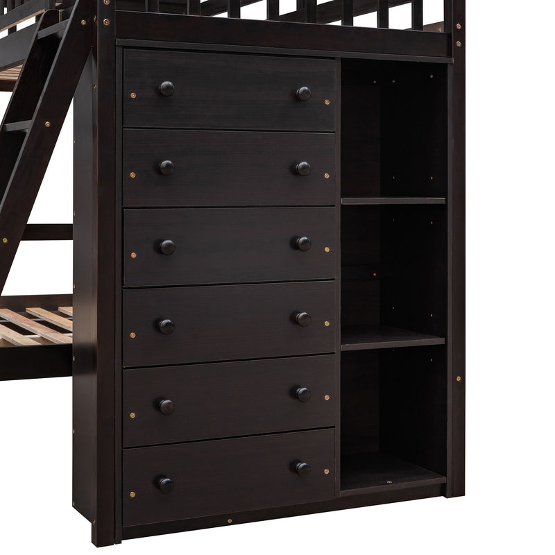 DreamHaus bunk bed with six drawers, flexible shelves, and a bottom bed on wheels, ideal for space-saving bedroom storage.