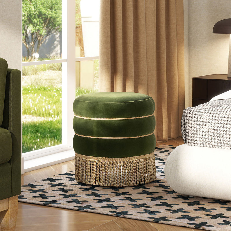 Edward - Round Upholstered Ottoman With Bullion Fringe - Olive Green - R&R Furniture Gallery (Fountain Valley, CA)
