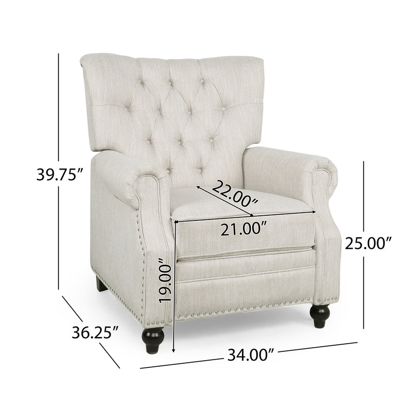 Noble House Welch contemporary tufted pushback recliner chair with plush upholstery and modern design, shown in a living room setting.