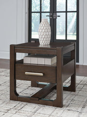 Dark brown Breckington square end table by Signature Design Ashley, featuring a sleek modern design with a smooth tabletop.