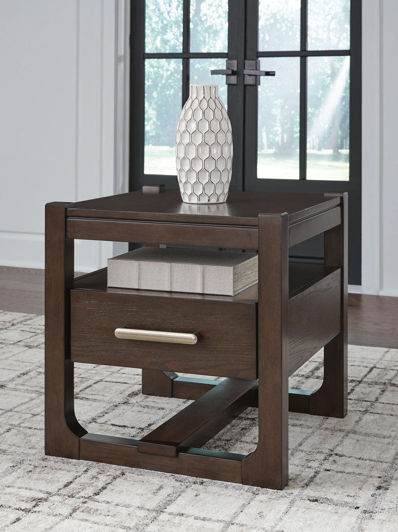 Dark brown Breckington square end table by Signature Design Ashley, featuring a sleek modern design with a smooth tabletop.