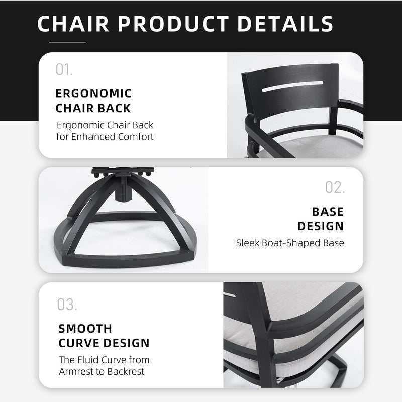 Two outdoor patio swivel rocker chairs with black frames and Sunbrella fabric cushions by Life Outside, set on a patio.
