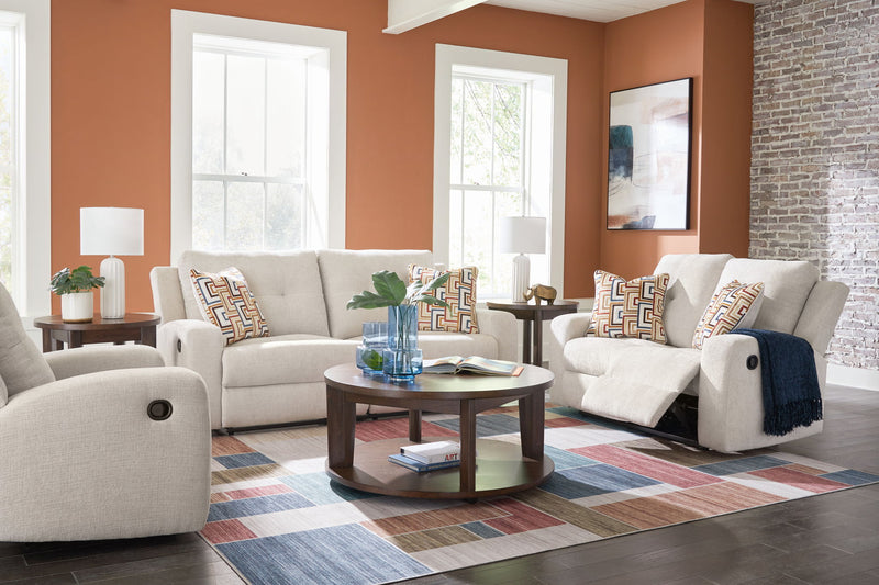 Signature Design by Ashley Danum reclining living room sofa and loveseat set with plush cushions and dark wood legs.