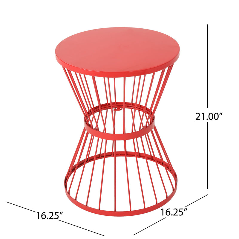 Modern outdoor Noble House Lassen side table with an hourglass design, featuring a sleek, contemporary look for outdoor decor.