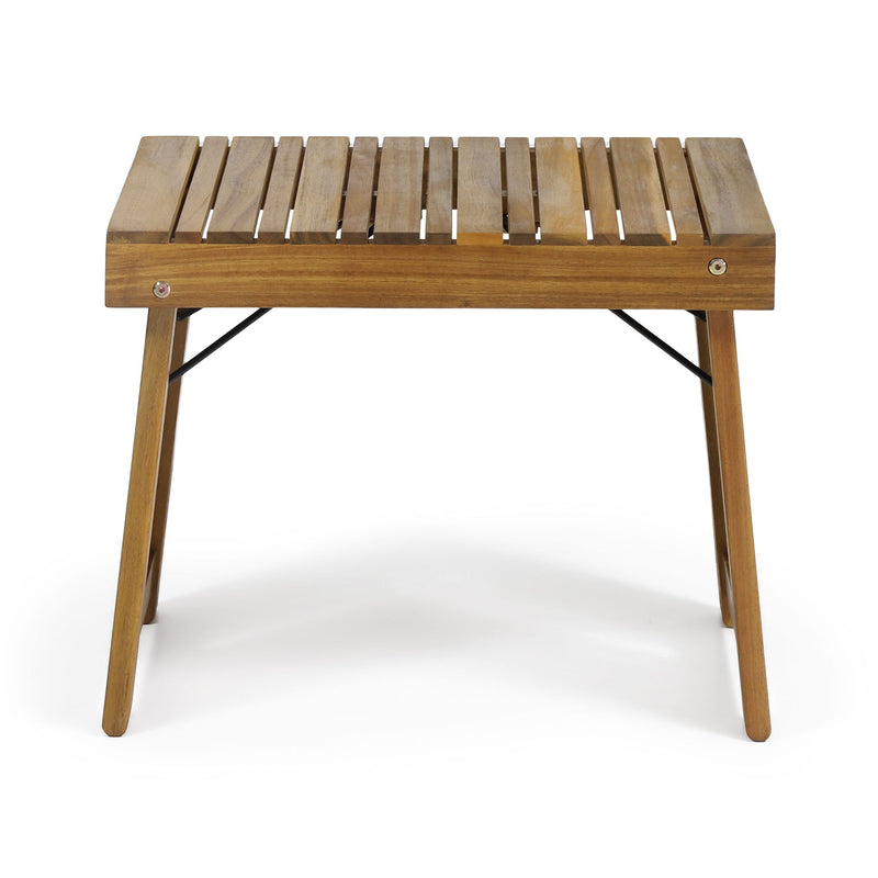 Noble House Temptation outdoor foldable side table with slat design, lightweight and portable for patio or garden use.