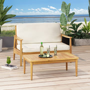 Outdoor acacia wood loveseat and coffee table set from Noble House, featuring two stylish, durable outdoor furniture pieces.