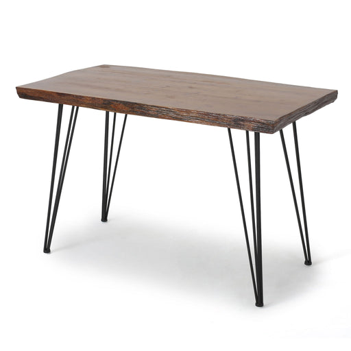 Modern industrial faux live edge dining table with hairpin legs from Noble House, natural wood finish and sturdy design.