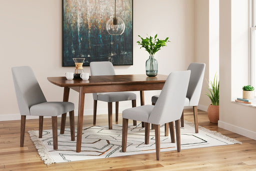 Lyncott Butterfly Extension Table Set by Ashley, 5-piece dining room set with extendable table and matching chairs, wood finish.