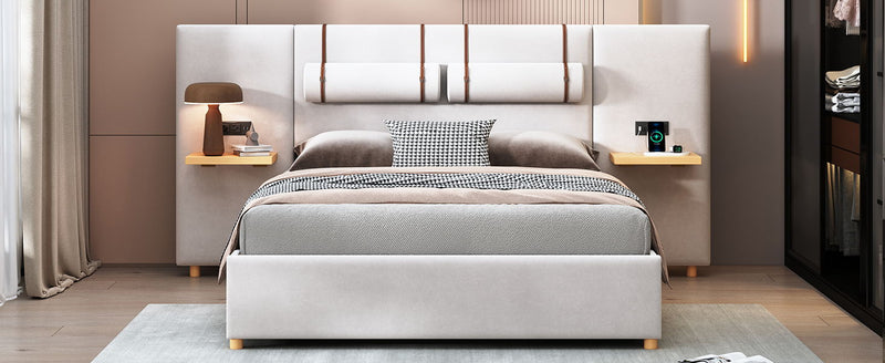 Upholstered Platform Bed, 2 Outlets And USB Charging Ports On Both Sides, 2 Bedside Pillows, Storage Shelves - R&R Furniture Gallery (Fountain Valley, CA)