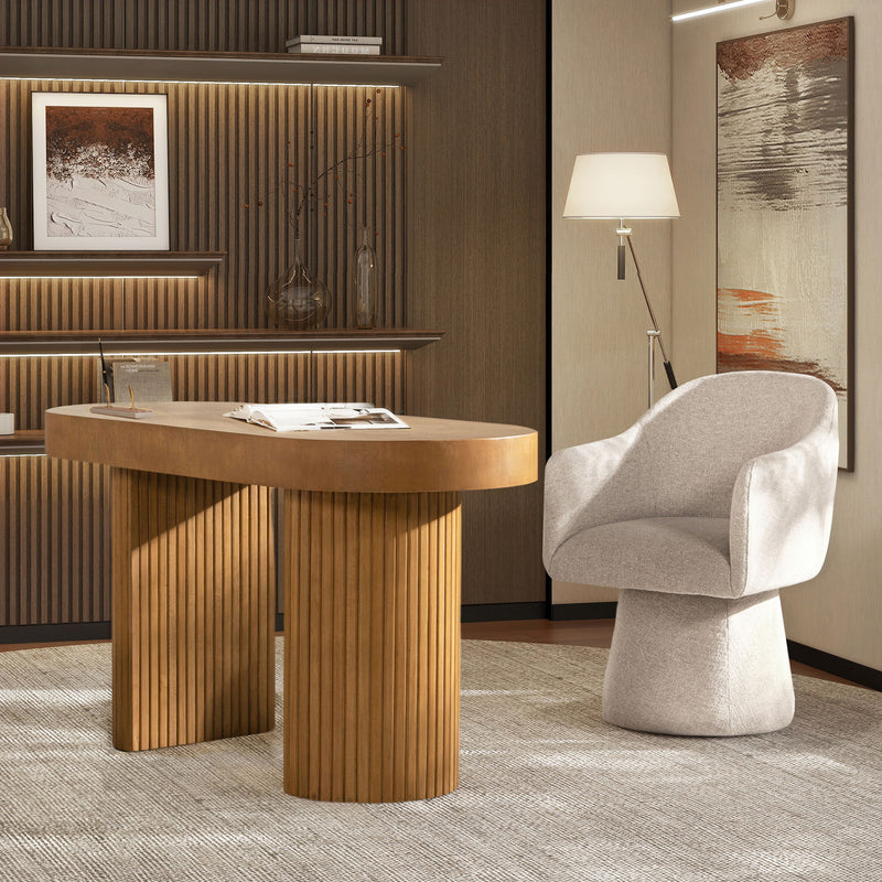 Jennifer Taylor Home Jesse single drawer fluted oval console desk in honey brown wood with sleek design and smooth finish.