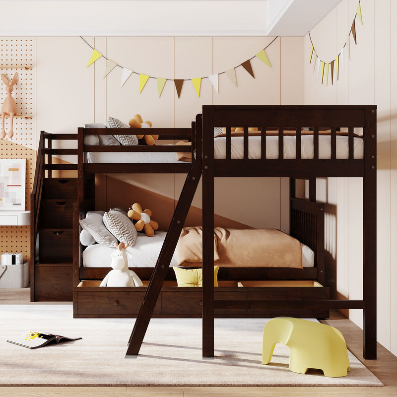 Solid L Shaped Bunk Bed With 3 Drawers, Ladder And Staircase - R&R Furniture Gallery (Fountain Valley, CA)