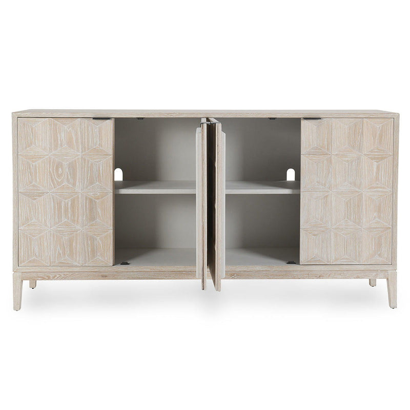 White Mira 4-door sideboard by Classic Home featuring a modern design with ample storage and sleek finish.