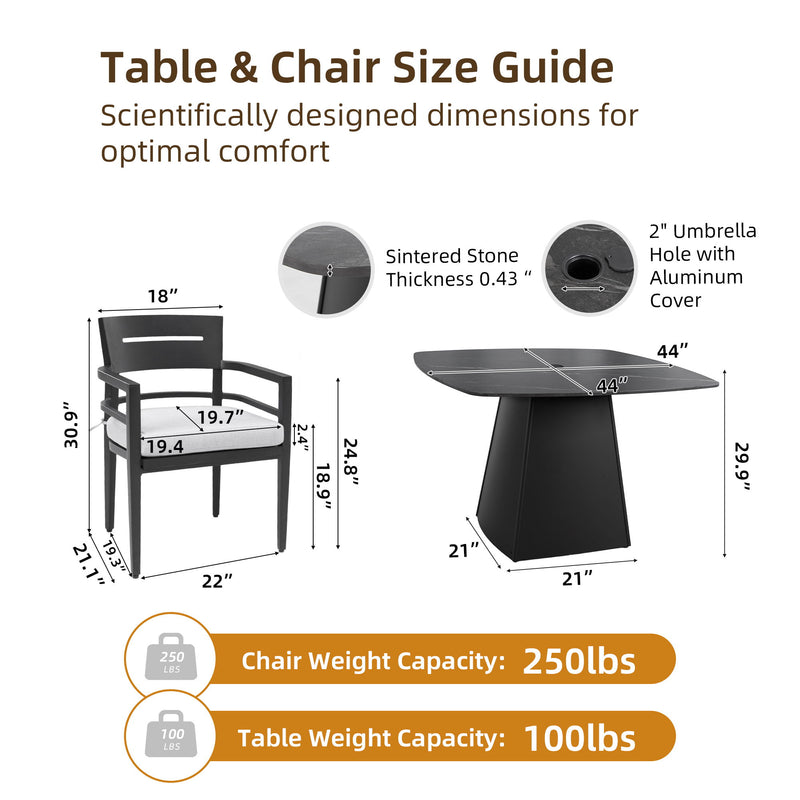 Outdoor Patio Dining Set, Squircle Dining Table, Dining Chairs With Sunbrella Cushions - R&R Furniture Gallery (Fountain Valley, CA)