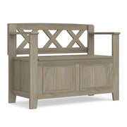 Simpli-Home Amherst small transitional entryway storage bench with wooden top and cushioned seat, black metal legs.