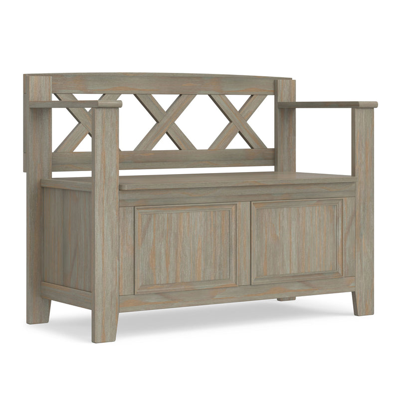 Simpli-Home Amherst small transitional entryway storage bench with wooden top and cushioned seat, black metal legs.