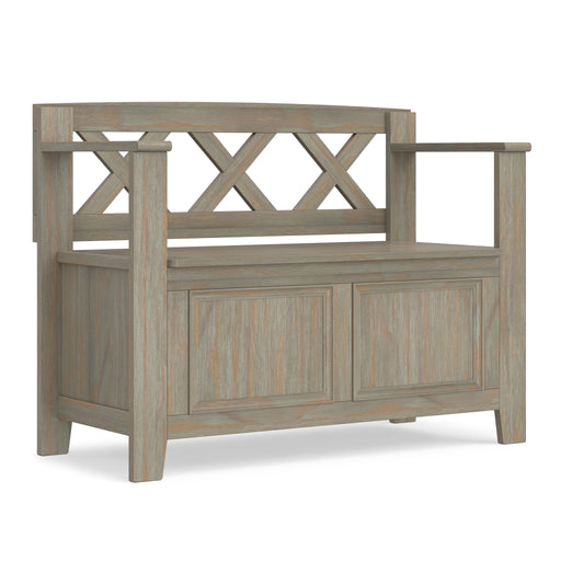 Simpli-Home Amherst small transitional entryway storage bench with wooden top and cushioned seat, black metal legs.