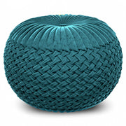 Simpli-Home Grafton handcrafted round accent pouf with neutral fabric and textured design, ideal for living room decor.