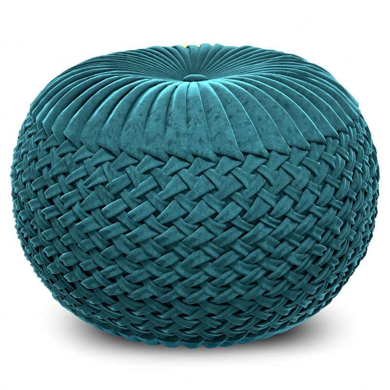 Simpli-Home Grafton handcrafted round accent pouf with neutral fabric and textured design, ideal for living room decor.