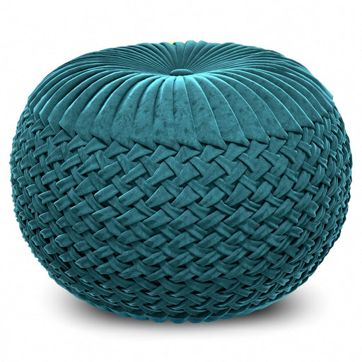 Simpli-Home Grafton handcrafted round accent pouf with neutral fabric and textured design, ideal for living room decor.