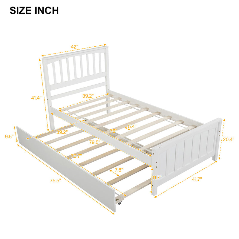 DreamHaus platform trundle bed with clean lines and wooden frame, featuring a hidden pull-out bed for space-saving sleeping options.