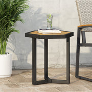 Noble House outdoor side table with iron base and slatted brown top, perfect for patio or garden use.