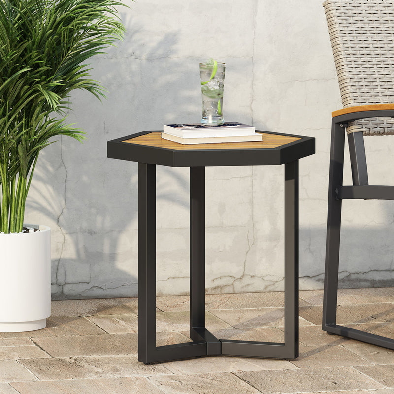 Noble House outdoor side table with iron base and slatted brown top, perfect for patio or garden use.