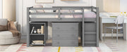 DreamHaus loft low study bed with built-in cabinet, shelves, and rolling portable desk for versatile space-saving functionality.