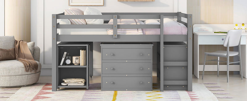 DreamHaus loft low study bed with built-in cabinet, shelves, and rolling portable desk for versatile space-saving functionality.