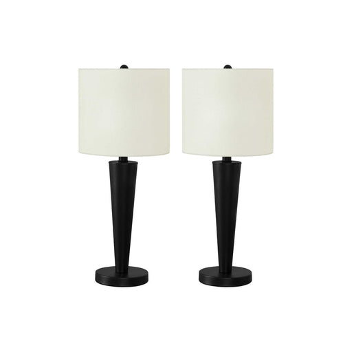 Set of 2 contemporary 8th Street table lamps with USB ports, featuring sleek modern design and fabric shades.