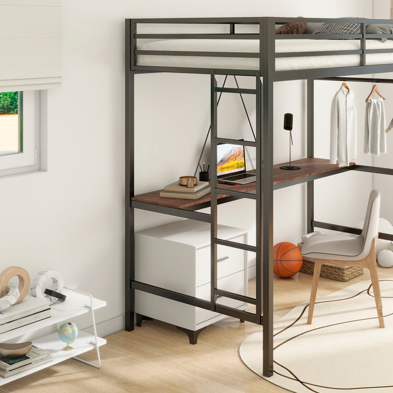 Adam - Twin Loft Bunk Bed With Cinnamon Wood Desk And Closet Rod - Black - R&R Furniture Gallery (Fountain Valley, CA)