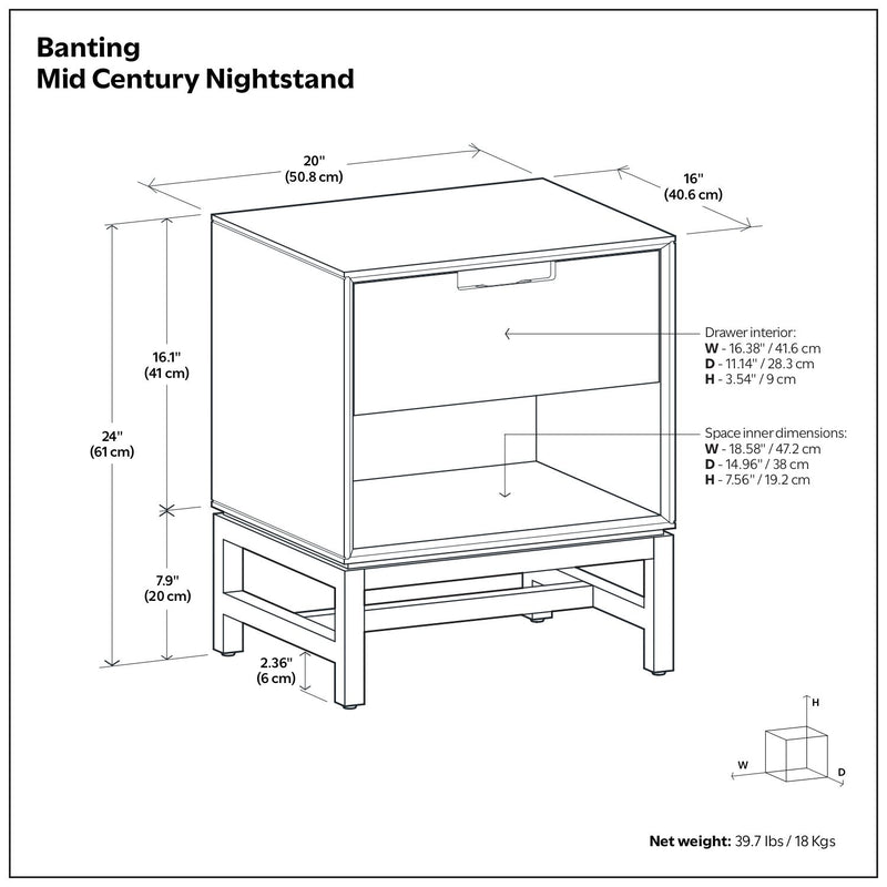 Walnut brown Banting accent nightstand by Simpli-Home with a single drawer and open shelf, modern bedroom furniture.