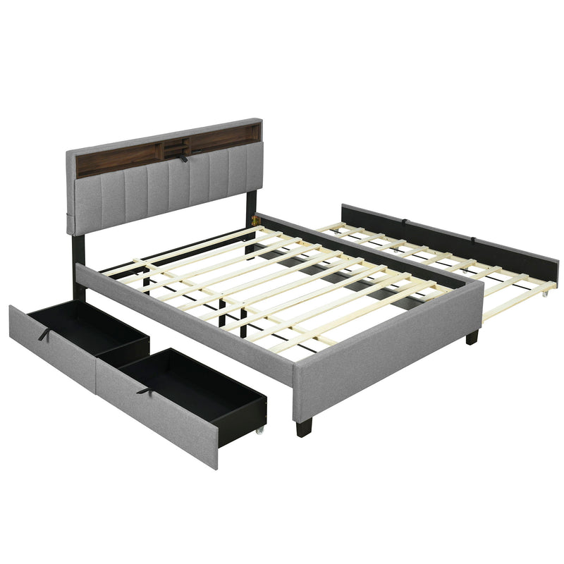 Upholstered Platform Bed With Storage Headboard, Trundle & 2 Drawers And A Set Of Sockets & USB Ports - R&R Furniture Gallery (Fountain Valley, CA)